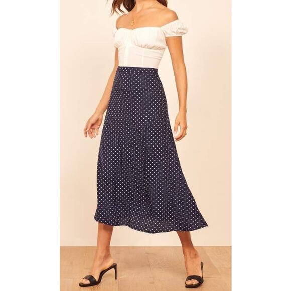 Reformation Dresses & Skirts - NWT Reformation Bea Polka Dot Midi Skirt Retro High Waist Size 14 Work Office
